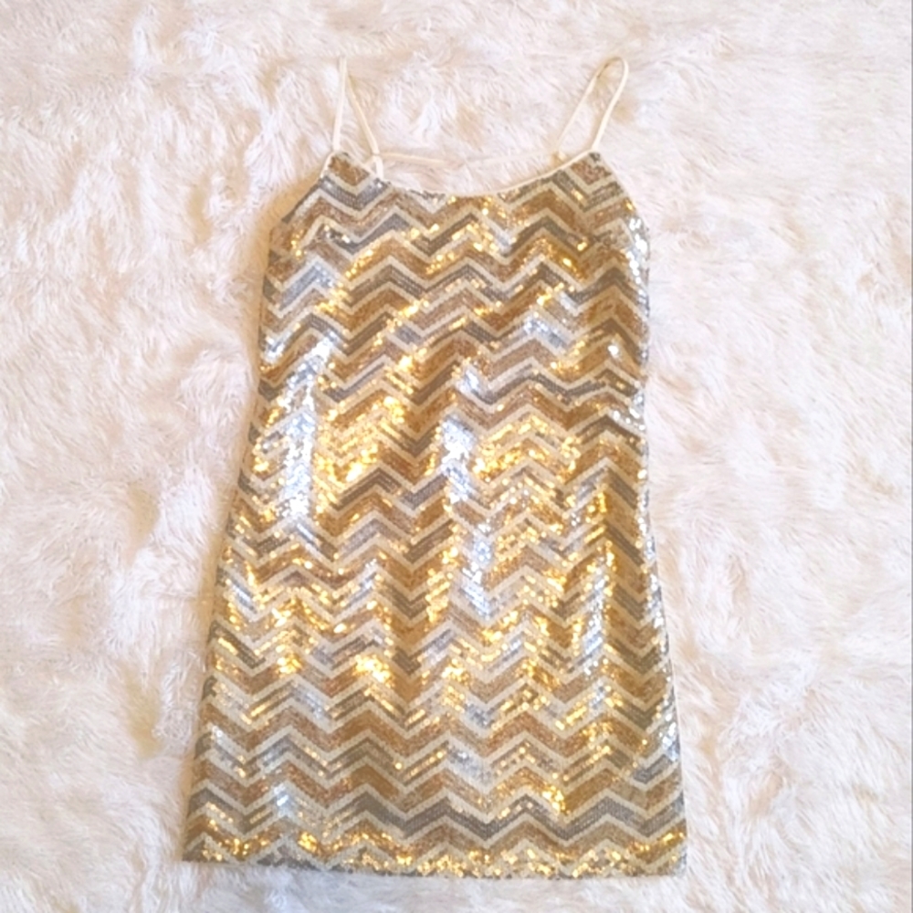Forever 21 || Sequin Mini Dress with Zipper, size XS, Gold/Silver/Cream